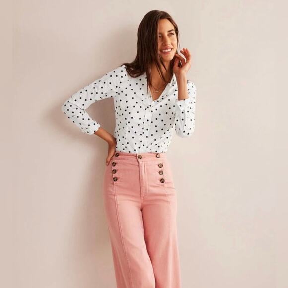 Boden Saskia Stretch Cotton Shirt Ivory Spaced Polka Dot Navy Blue 8 - Picture 1 of 9